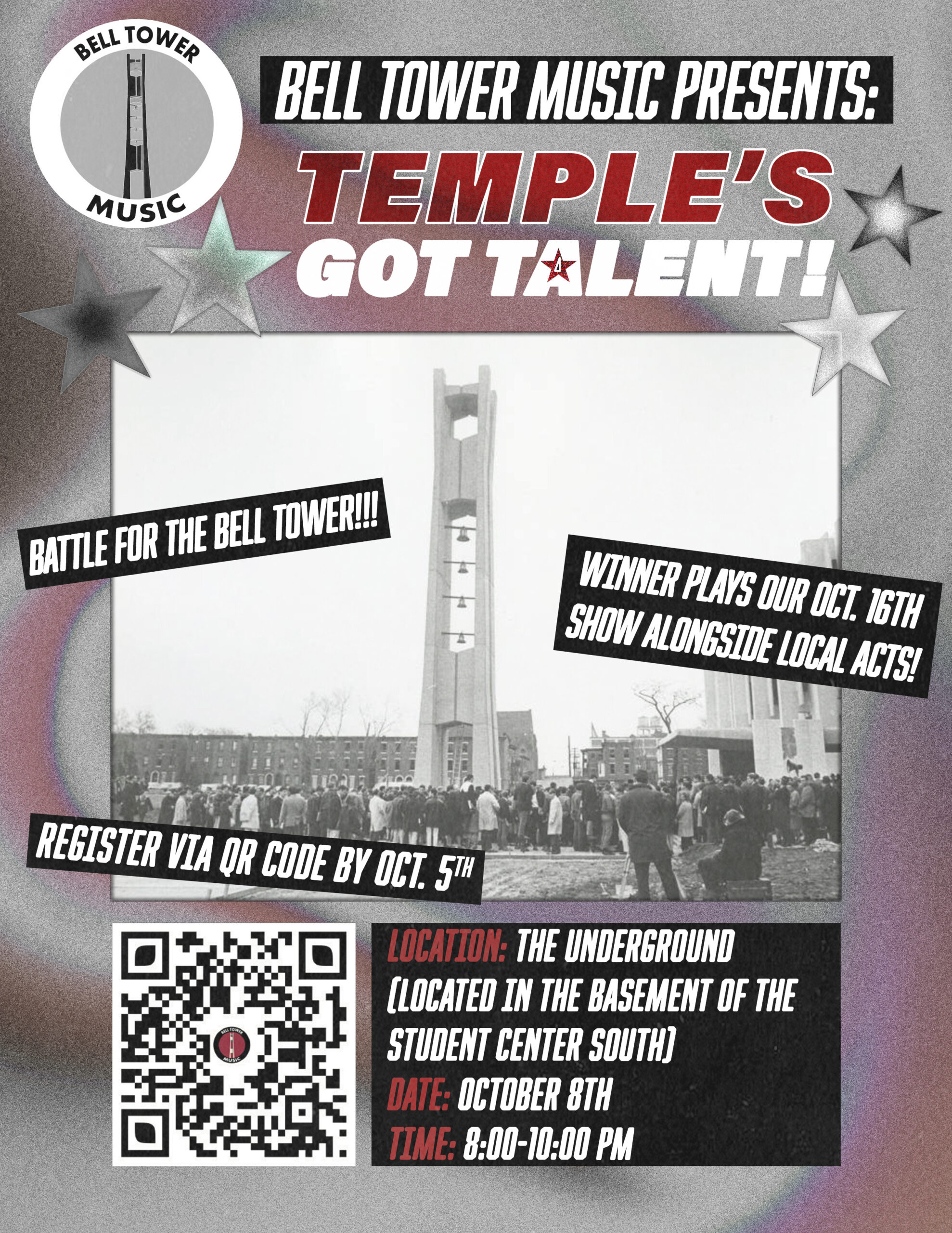 Temple’s Got Talent: Battle of the Bell Tower poster for October 8 at The Underground, 8–10 PM. Performer registration closes October 5.